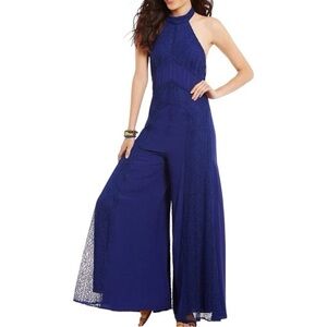 Free People Sweet Talkin Wide Leg Halter Jumpsuit size S in Royal Blue